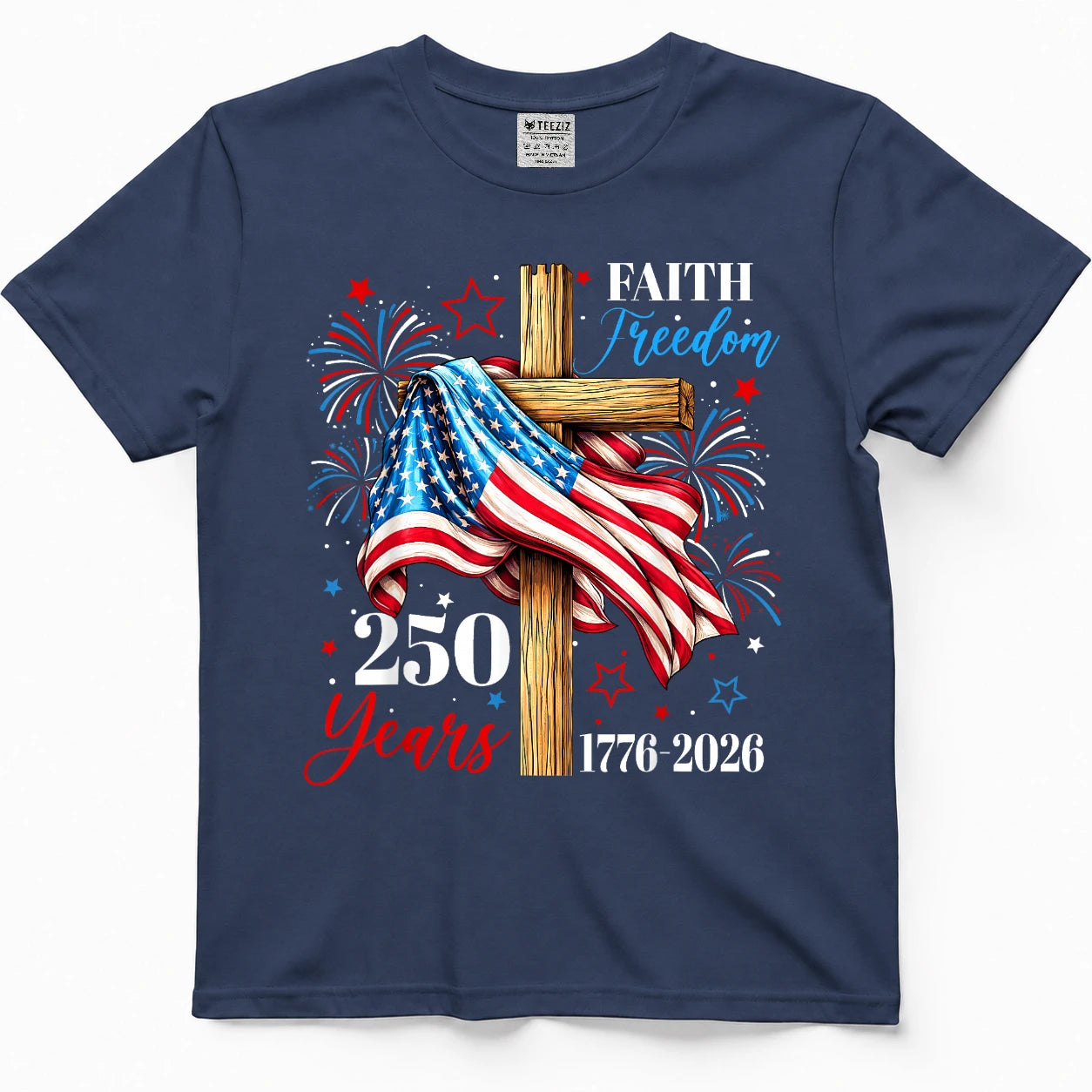 250 Years Faith Freedom Christian USA Flag Cross 1776 2026 T-Shirt