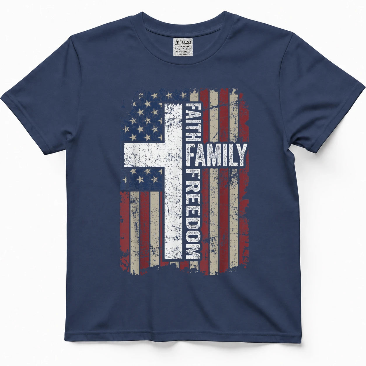 Faith Family Freedom - Patriotic Christian Vintage USA Flag T-Shirt