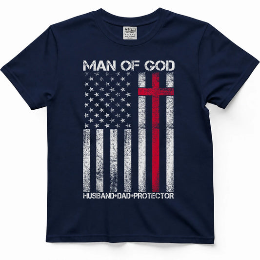 Man of God Husband Dad Protector Religious Cross Fathers Day T-Shirt