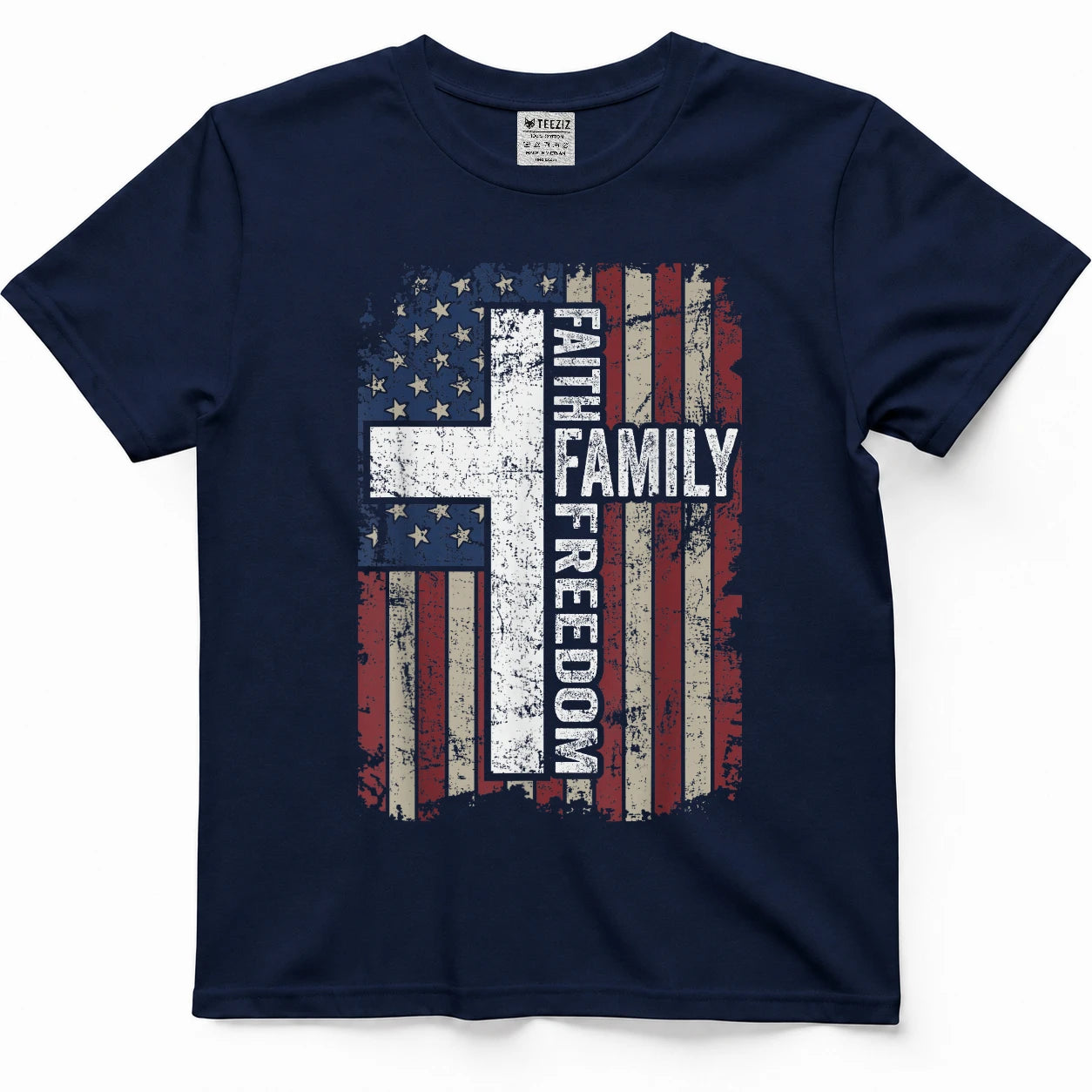 Faith Family Freedom - Patriotic Christian Vintage USA Flag T-Shirt