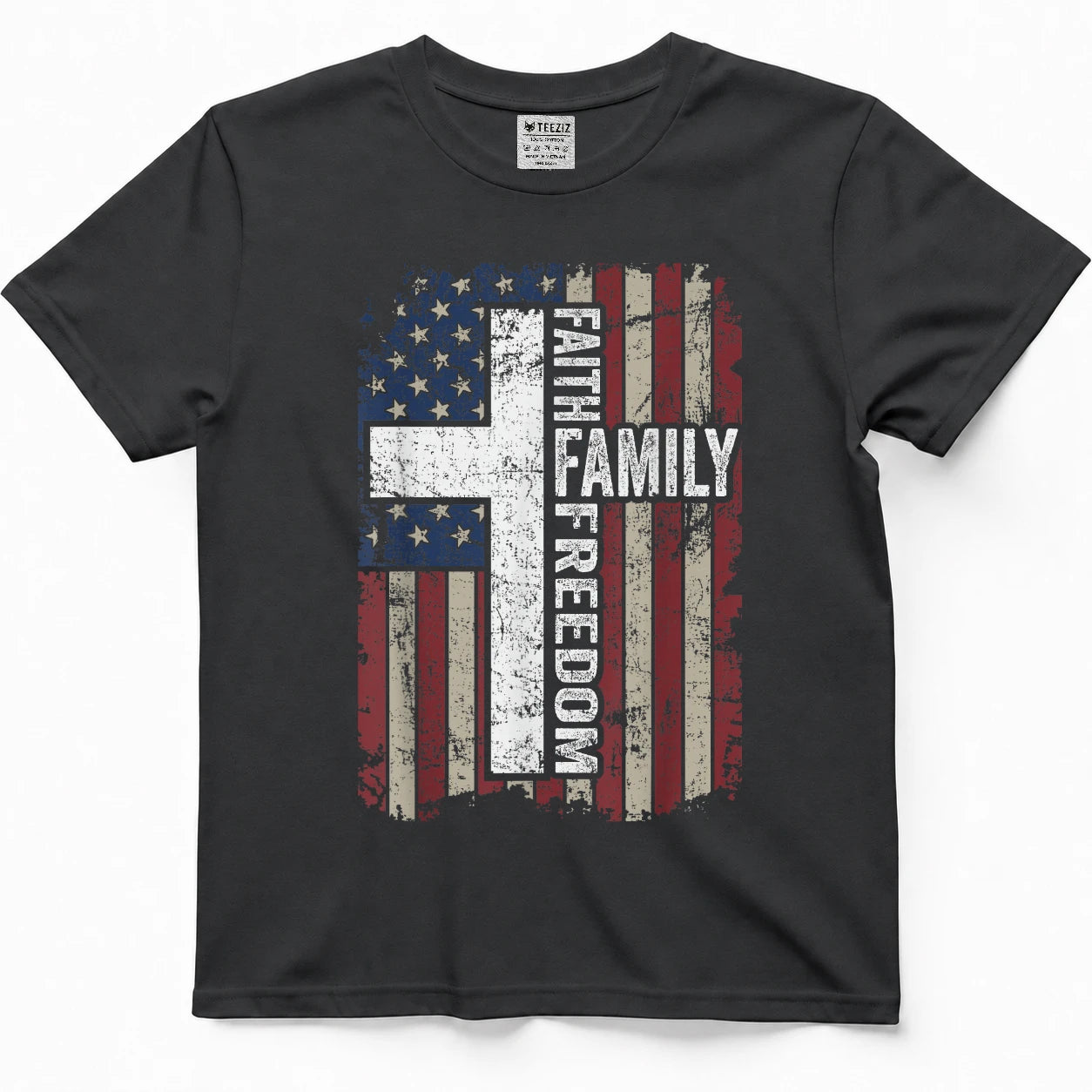 Faith Family Freedom - Patriotic Christian Vintage USA Flag T-Shirt