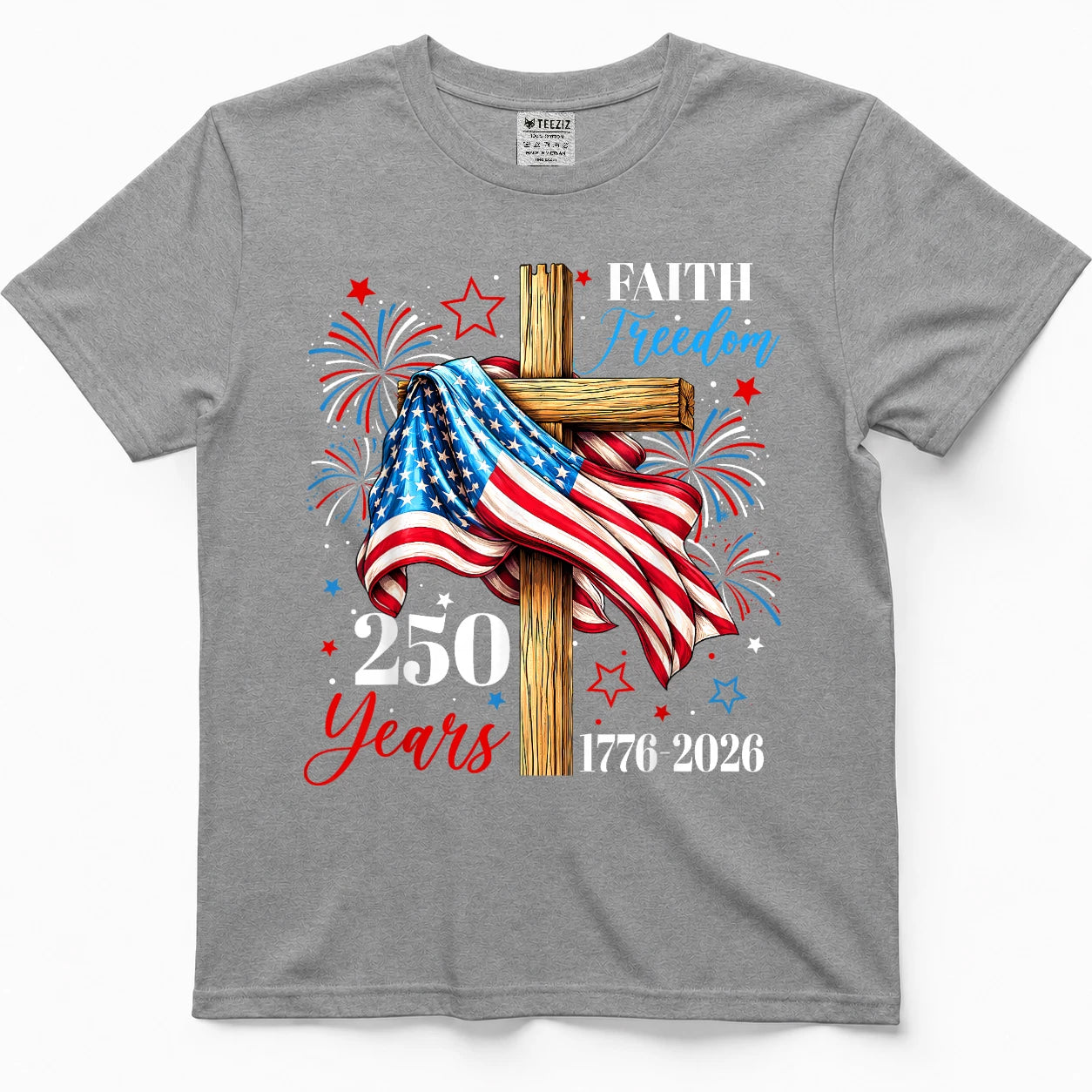 250 Years Faith Freedom Christian USA Flag Cross 1776 2026 T-Shirt