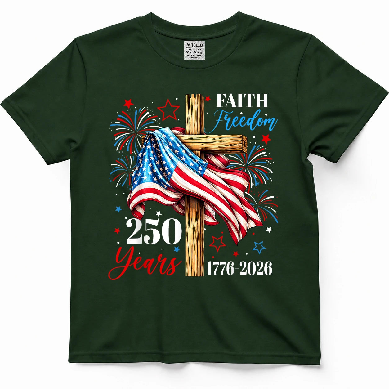 250 Years Faith Freedom Christian USA Flag Cross 1776 2026 T-Shirt