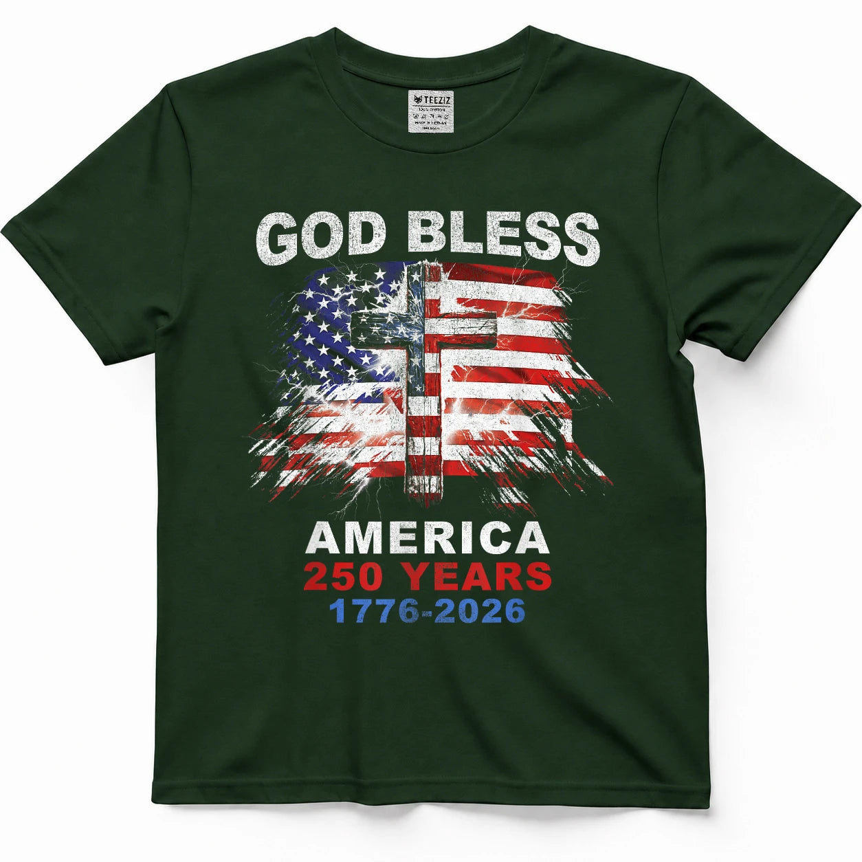 God Bless America 250 Years 1776-2026 Christian Cross Flag T-Shirt