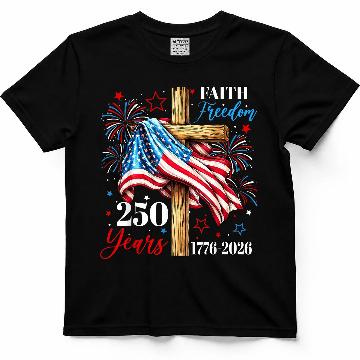 250 Years Faith Freedom Christian USA Flag Cross 1776 2026 T-Shirt