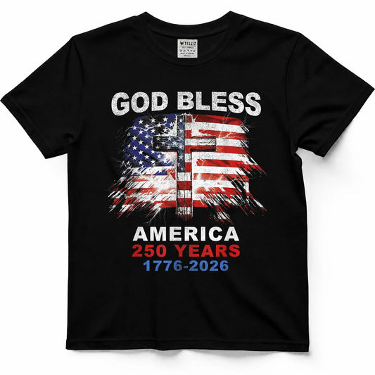 God Bless America 250 Years 1776-2026 Christian Cross Flag T-Shirt