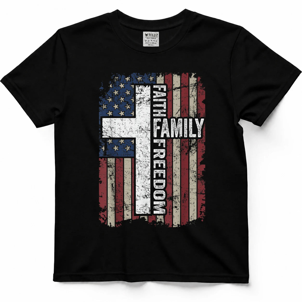 Faith Family Freedom - Patriotic Christian Vintage USA Flag T-Shirt