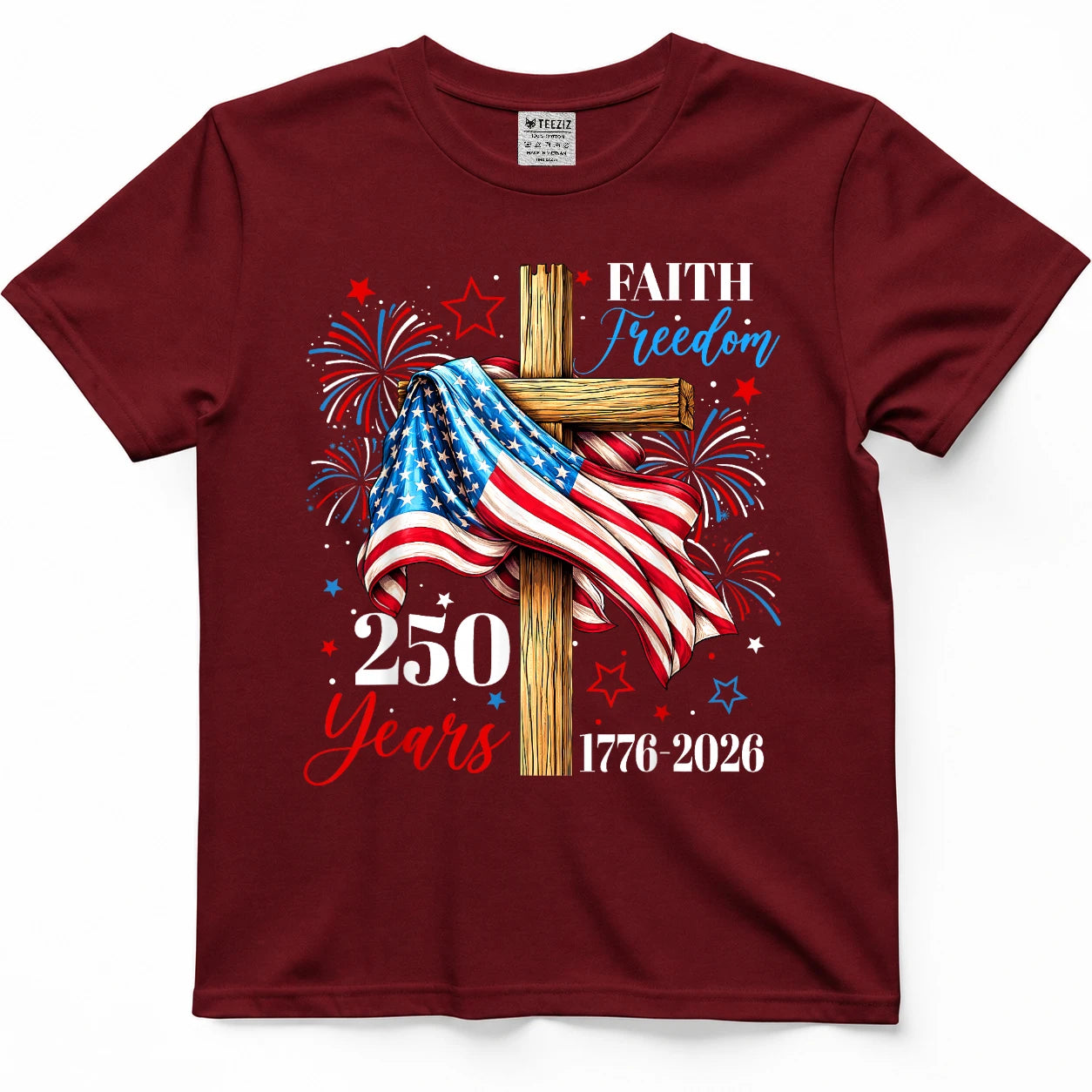 250 Years Faith Freedom Christian USA Flag Cross 1776 2026 T-Shirt
