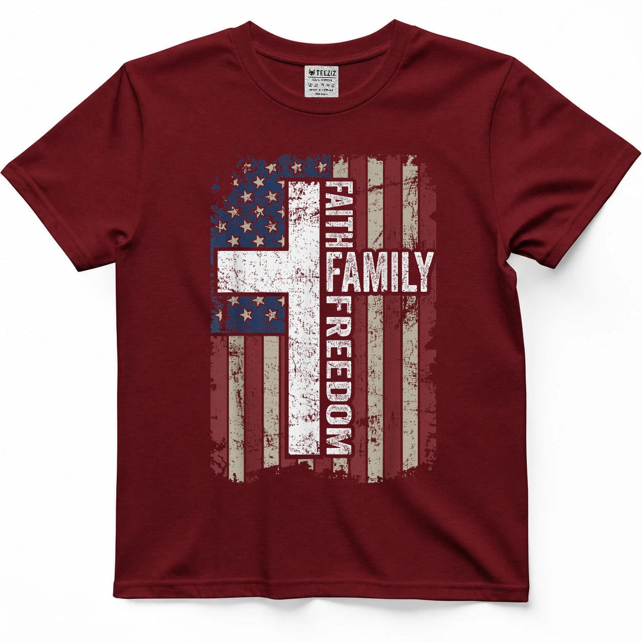 Faith Family Freedom - Patriotic Christian Vintage USA Flag T-Shirt